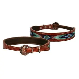 Genuine leather dog collar with turquoise, blue beaded inlay design