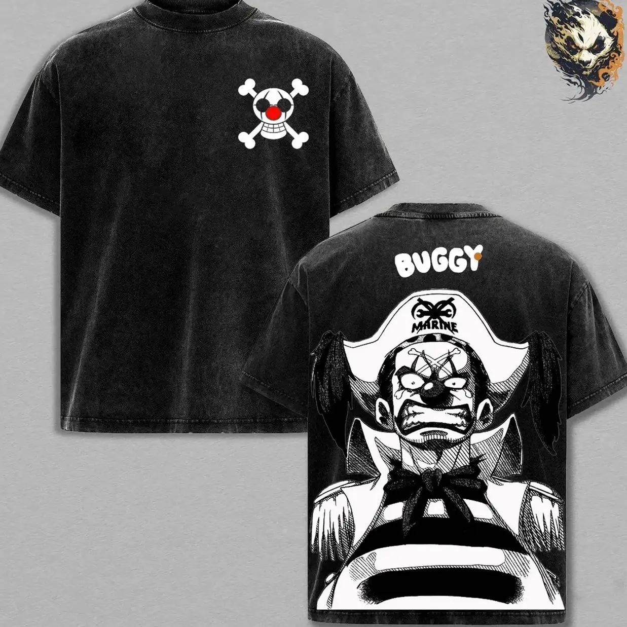 Buggy Anime Washed Tee – One Piece Vintage Manga T-Shirt, Funny Clown Pirate Graphic Shirt, Oversized Streetwear Trendy Otaku Gift, Meme Aesthetic Anime Tee ONB