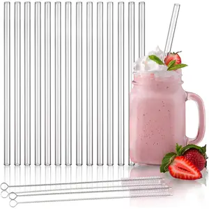 Shatter-Resistant Glass Straws 16-Pack - 14 Straight 10in x 10mm, 2 Cleaning Brushes, Flexible Foam Wrap Secured - Ideal for Hot Coffee & Chilled Smoothies (Kitchenware Drinkware)