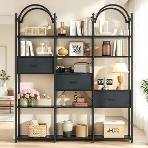 83.5” Tall Arched Triple Wide Bookshelf | 13 Open Shelves + 3 Drawers Industrial Storage Bookcase, Open Book Shelf with Display Shelves, Large Etagere Bookshelf, Triple Wide Book Case for Living Room Home Office