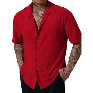 Men’s summer vacation casual shirt featuring a button front and geometric striped knit jacquard design; a relaxed, comfortable short-sleeve shirt suitable for vacations, seaside/beach, and tropical rainforest wear. Summer vibes
