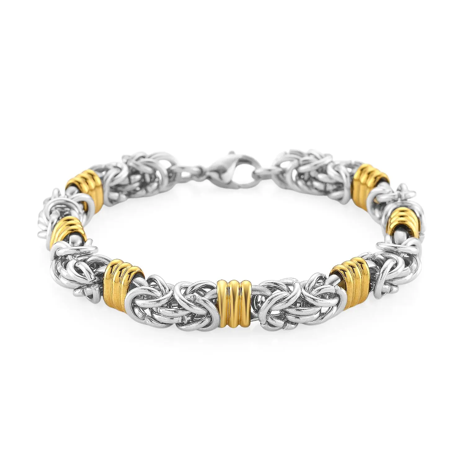 EverTrue Fashionable Two-Tone Byzantine Chain Bracelet in ION Plated YG and Stainless Steel (8.00-9.5In)
