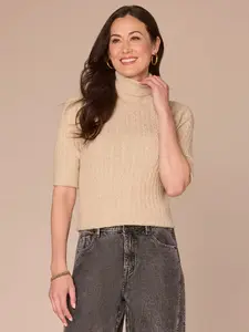 Cuffed Elbow Sleeve Turtle Neck Cable Stitch Mix Sweater