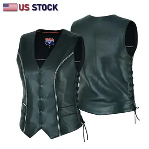 HIGHWAY LEATHER Women's Soft Satin Bling Leather Motorcycle Vest - Rhinestone Detail, Side Lace, Single Panel Back, Snap Front, Sewn Garment Tops for Bikers