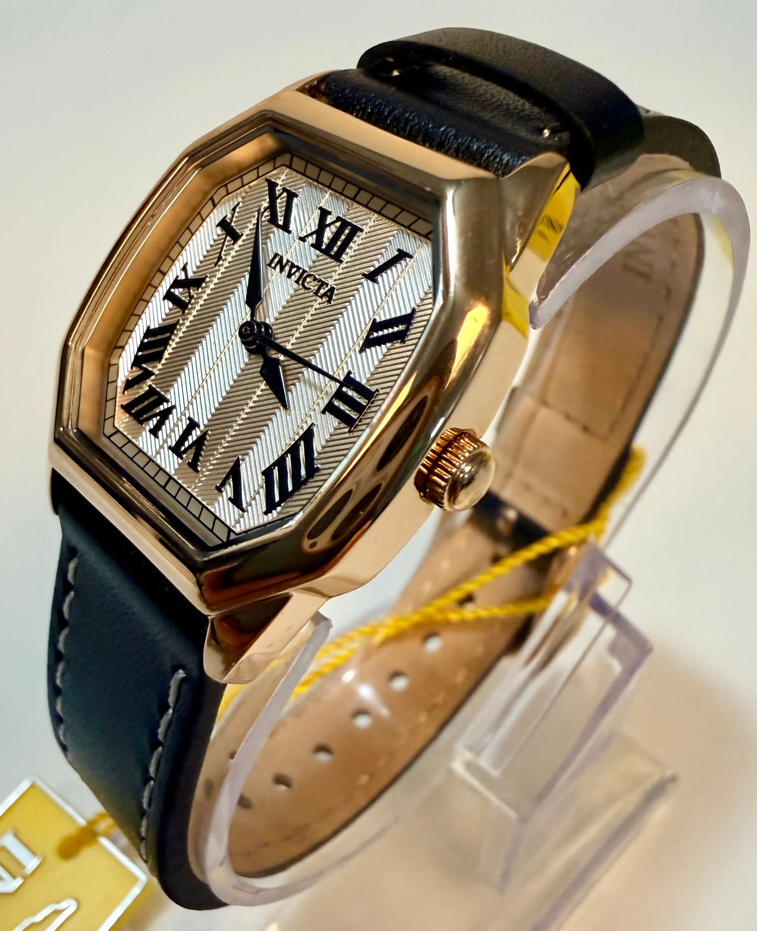 Invicta Wildflower 27mm Rose Gold Case Silver Dial Black Leather Strap Watch 48963, Stainless Steel, Female, Water Resistant, Everyday Wear
