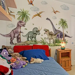 A set of 2 pieces (25*70cm*2pcs) with various hand-painted dinosaur, cloud and coconut tree wall stickers, suitable for living room, bedroom and home background decoration, self-adhesive stickers MS3337-YL, Decorative Wall Sticker