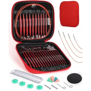 Interchangeable Knitting Needle Set with Circular Cables for Crafters, 13 Circular Needles with 4 Cables, 3-10mm Aluminum Knitting Needles for Beginners, Ideal for DIY Crafts, Red Needle Set