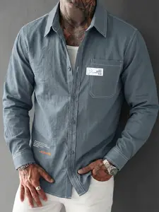 Men's Workwear Shirt, Deep Blue + Stitching, Left Chest 'p' Letter Tag, Minimalist Style, Commuter Wear, Casual Daily Look