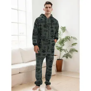 Men's Plush Warm Hooded Long Sleeve Long Hooded Jumpsuit Pajamas Homewear