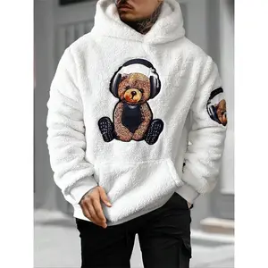 Men’s cartoon bear print plush drop-shoulder hoodie, fashion casual regular fit hooded sweatshirt with pocket for daily, holiday, and outdoor wear; men’s clothing for fall and winter