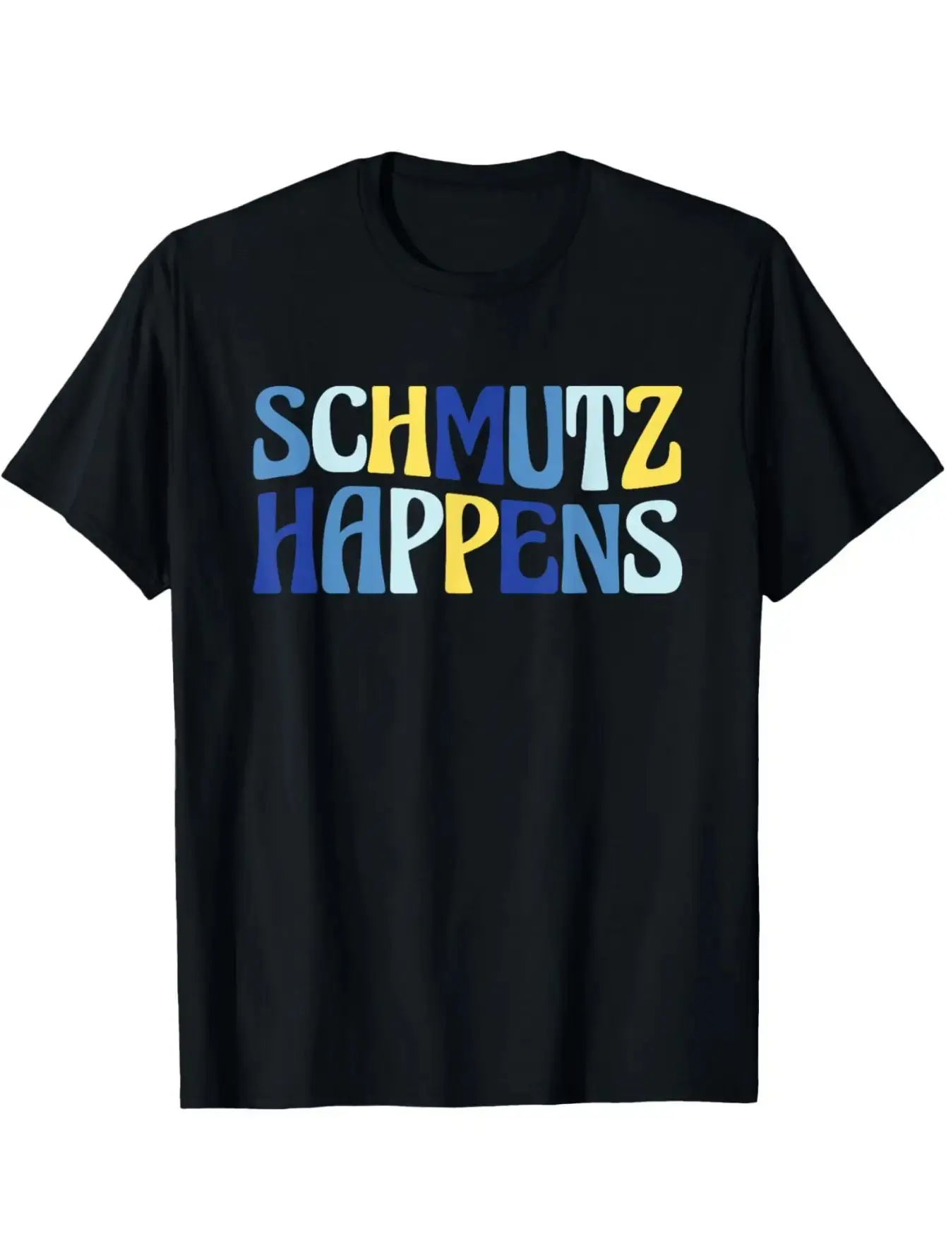 Schmutz Happens Hanukkah T-Shirt-Funny Jewish Holiday T-Shirt, Blue and Yellow Letter Design-Machine Washable Black Shirt, Suitable for Hanukkah Parties, Male and Female Parents Gi, Black Friday, skin-friendly softness, classic fit