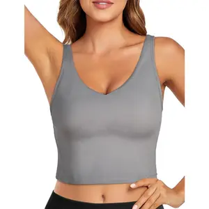 Sports Bras for Women Longline Wirefree Padded High Support, Workout Tank Athletic Crop Tops Built in Bra for Women Large Bust, Push up Crop Running Yoga Women's Sports Bra High Impact Grey M