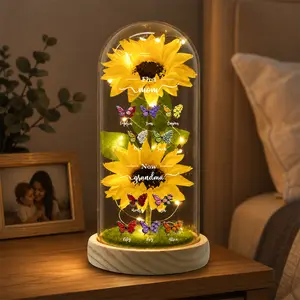 Personalized Birth Month Butterfly Sunflower Lamp Custom Names First Mom Now Grandma Night Light LED Glass Dome Keepsake Gift For Grandma Gift For Mom Gift From Grandkids Birthday Gift Room Decor Home Decor