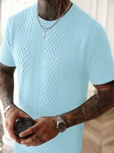 Men's Textured Diamond Grid Crew Neck T-Shirt, Breathable Waffle Knit Short Sleeve Top, Casual Streetwear Fashion, Slim Fit Curved Hem Tee, Daily Wear Workout Gym Shirt, Viral TikTok Men's Essential