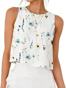 IDEALSANXUN Women's Cropped Linen-Cotton Floral Tank Tops - 2026 Spring Summer Casual Cute Short-Sleeved Button-Accented Beach & Outdoor Tops
