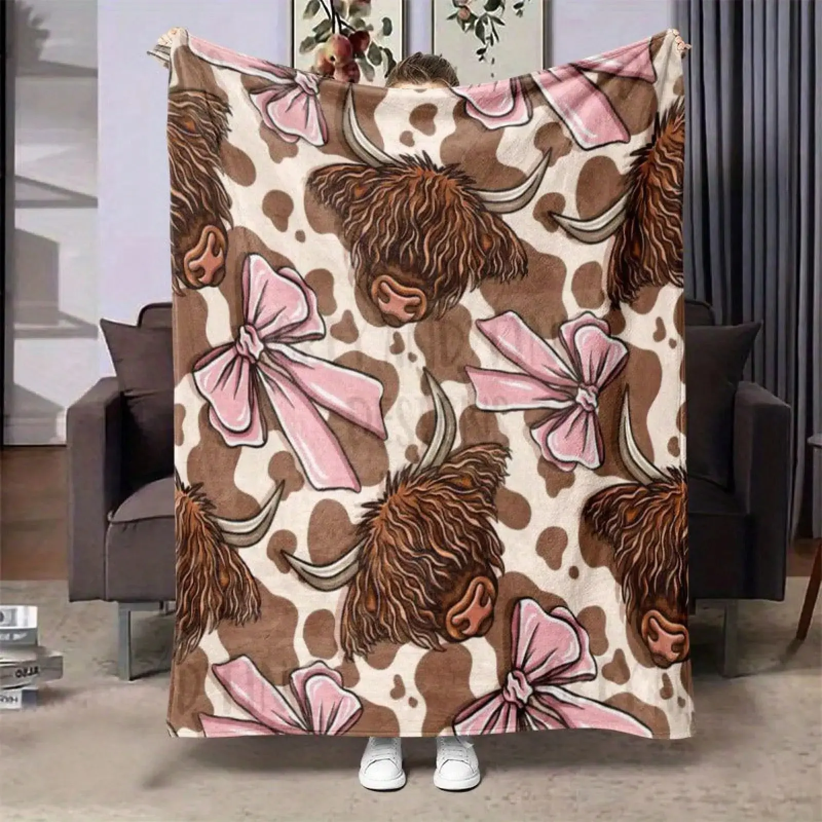 Highland cow and pink bow tie flannel blanket - Soft and warm all-season throw for office, bed, sofa, camping - Modern and comfortable gift with background design, cow blanket