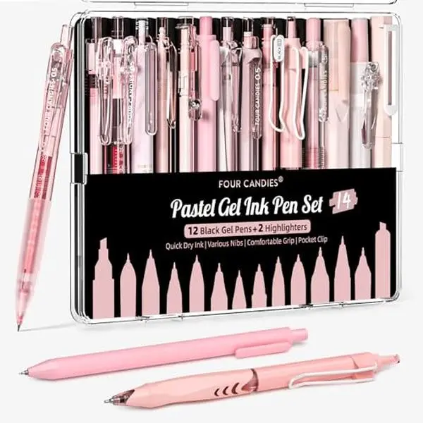 Four Candies Writing Ink Pens with Black & Pink Ink and 2Pack Highlighter, Cute Retractable 0.5mm Smooth Writing Pens,Pink Pens for School, Office Girly Stationery Aesthetic Desk Accessories Set of 14