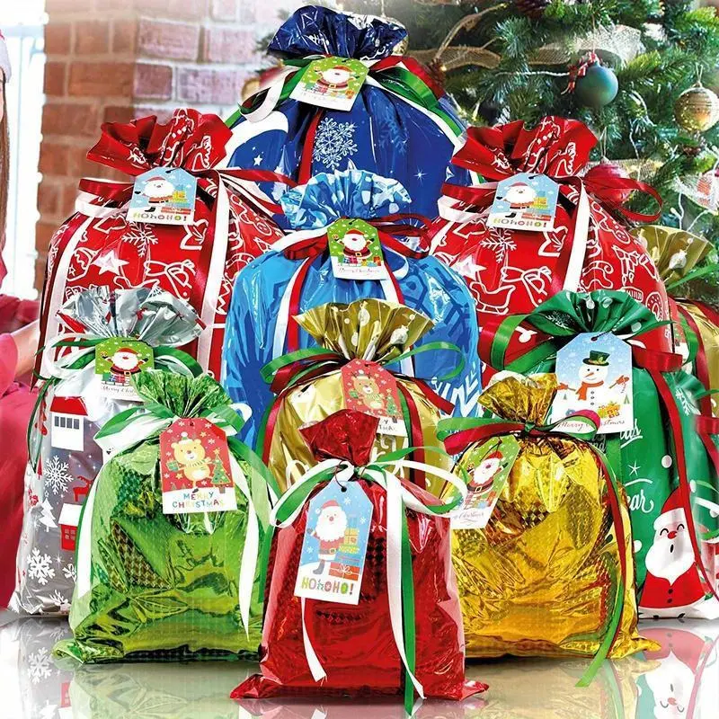 84PCS Christmas Gift Bags, Drawstring & Tie Style Xmas Goody Bags, Assorted Sizes & Festive Patterns, Foil Holiday Treat Bags for Christmas Party Favors, Candy, Wrapping Gifts