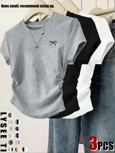3pcs/1pc women's casual fashion slim fit small bow print details simple solid color pleated pullover shirt women's round neck short sleeved three piece T-shirt