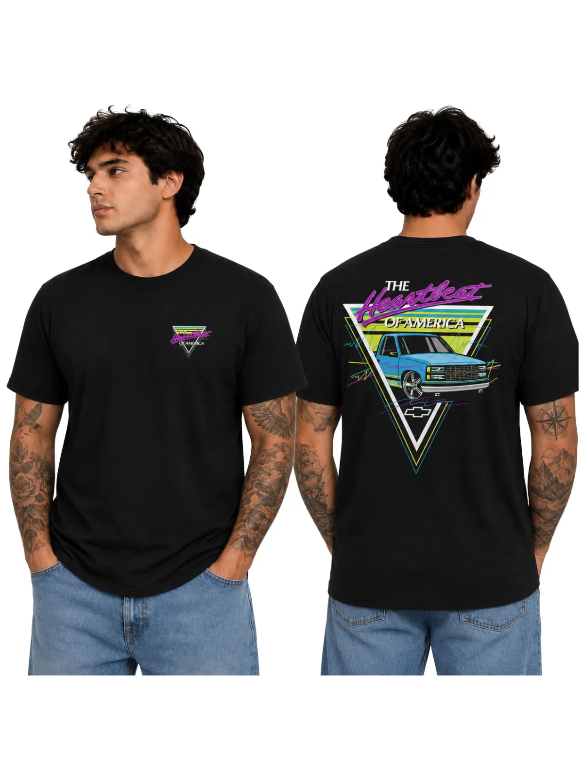 Retro 90s Pickup Truck Graphic T-Shirt, Vintage Neon Automotive Tee, Front and Back Print, Classic Truck Lover Streetwear, Car Show Birthday Father’s Day Gift, Perfect Gift For Men and Women
