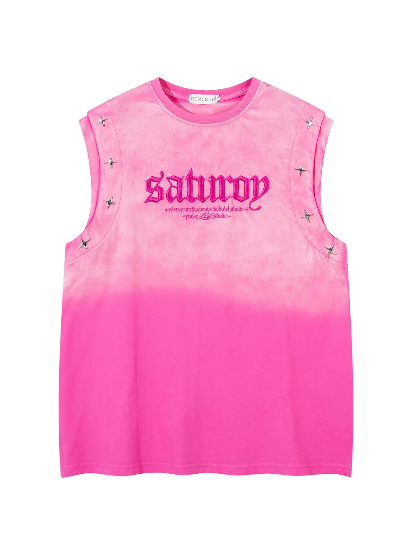Men's American Retro Style Ombre Print Letter Embroidery Metal Star Decor Round Neck Tank Top, Loose Trendy Comfy Breathable Sleeveless Top for Summer, Fashion Men's Casual Clothes for Daily Wear, Tank Vest