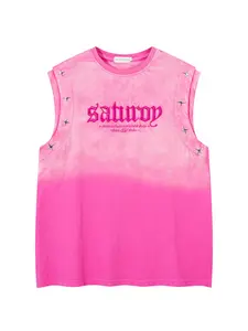 Men's American Retro Style Ombre Print Letter Embroidery Metal Star Decor Round Neck Sleeveless Tank Top, Fashion Men's Clothes for Daily Wear