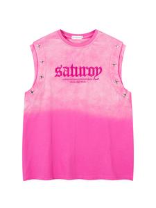 men's american retro style ombre print letter embroidery metal star decor round neck tank top, loose vintage trendy casual comfy breathable sleeveless top for summer, fashion menswear, workout tank tops