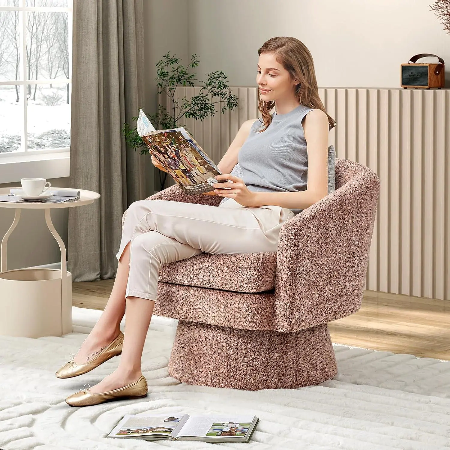 Garvee Pink 360°Swivel Accent Chair with Arms,Comfy Living Room Armchair with Curve Back and Soft Cushion,Round Chenille Fabric for Living Room Bedroom Office