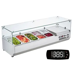 VEVOR Refrigerated Condiment Prep Station, 135 W Countertop Refrigerated Condiment Station, with 2 1/3 Pans 4 1/6 Pans, 304 Stainless Body and PC Lid, Sandwich Prep Table with Glass Guard, ETLVEVOR Super Brand Day