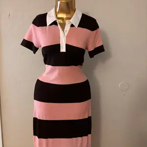 Striped Dress in Pink and Black with White Collar and Short Sleeves