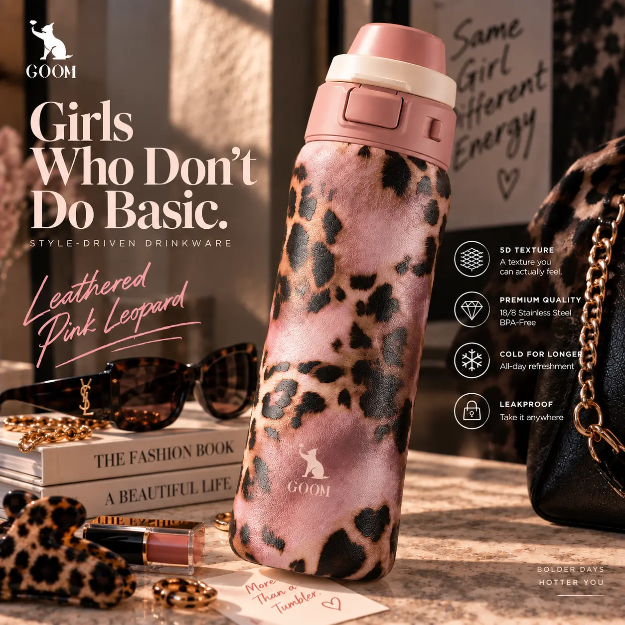 GOOM 5D Biomimetic Texture Collection 24oz Aesthetic Tumbler, Medusa Serpent & Artemis Leopard Designs, Stainless Steel Water Bottle with Dual-Access Locking Lid, Leak-Resistant Straw & Sip Modes for Gym, Car, Work & Daily Use