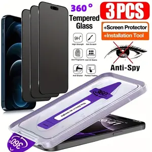 3pcs 360° Anti-Spy Screen Protector Set, Tempered Glass, One-Click Installation, Dust-Free, Compatible with iPhone 17 Pro Max, 16, 15, 14, 13, 12 ，11Pro Max, Plus