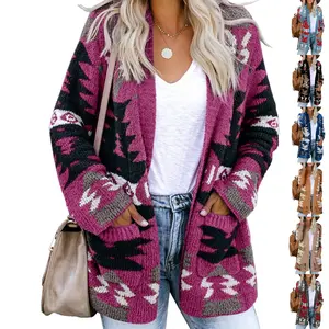 Lannew Women Boho Cardigan Aztec Open Front Loose Slouchy Sweaters Tribal Long Sleeve Knitted Christmas Jacket Coat