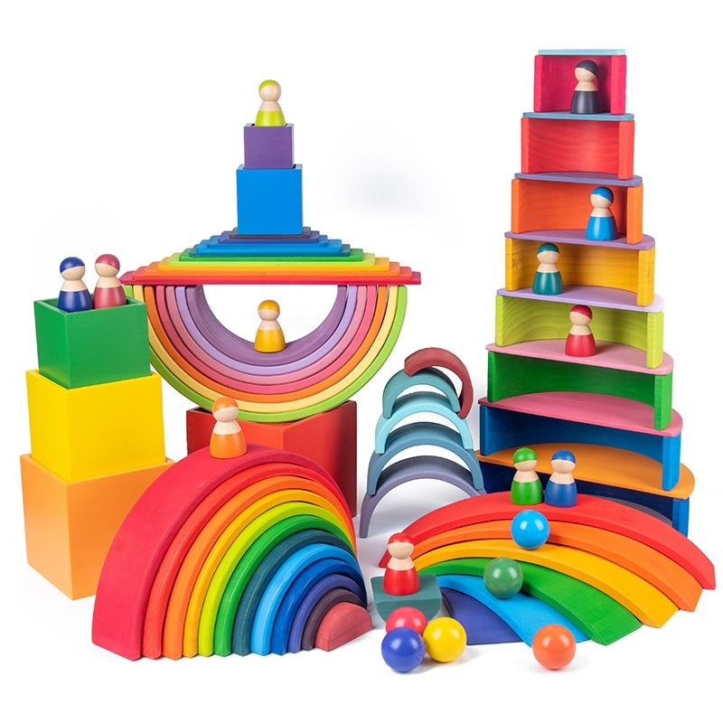 Wooden Rainbow Stacking Blocks Toy for Kids, Montessori Educational Toy ...