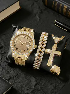 Men's Watch Set Including Necklace Bracelet Ring, Rhinestone Analog Quartz Wristwatch, Business Casual Jewelry Gift, Elegant Jewelry Set, Matching Jewelry Set