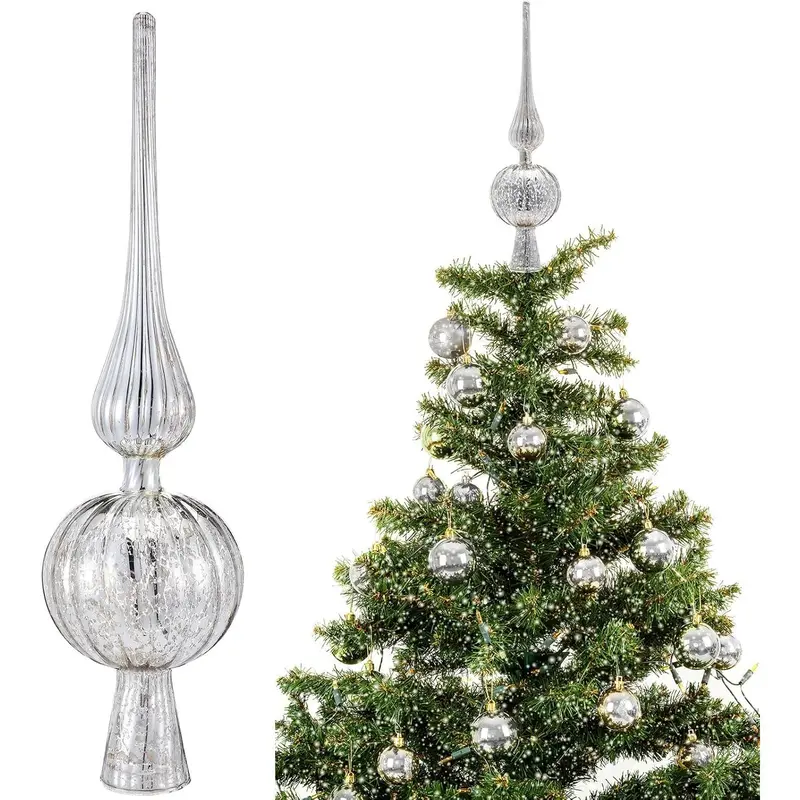 Mercury Glass Finial Christmas Tree Topper 12 Inches Vintage Spherical Xmas Tree Topper Mid Century Christmas Ornament for Home Xmas Holiday Decorations(Sliver)