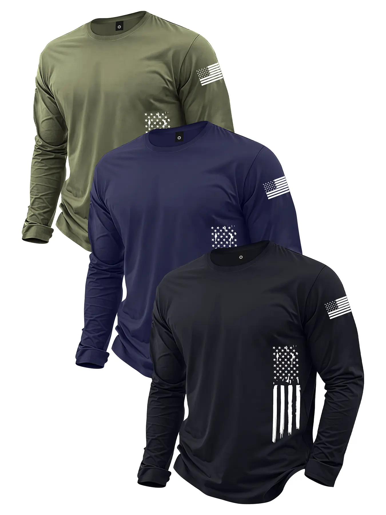 Men’s 3-pack lightweight long-sleeve T-shirts for spring/autumn, loose fit, patriotic graphic print, trendy casual athletic streetwear, black men’s thin tops; ideal for autumn outfits, a great gift for men, suitable for street wear, commuting, outdoor act