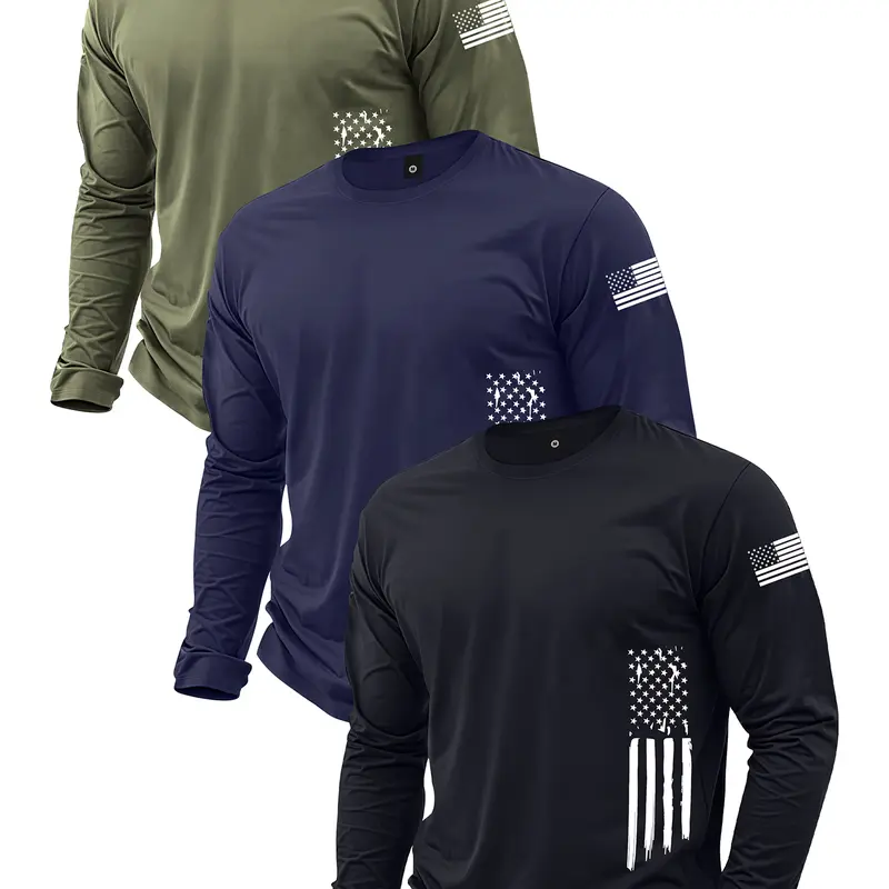 Men’s 3-pack lightweight long-sleeve T-shirts for spring/autumn, loose fit, patriotic graphic print, trendy casual athletic streetwear, black men’s thin tops; ideal for autumn outfits, a great gift for men, suitable for street wear, commuting, outdoor act