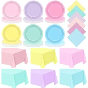 102 Pcs Pastel Party Tableware Set,Pastel Party Supplies Disposable 9" Pastels Paper Plates,Rectangle Table Covers and Napkins for Spring Easter Wedding Rainbow Birthday Parties Decoration
