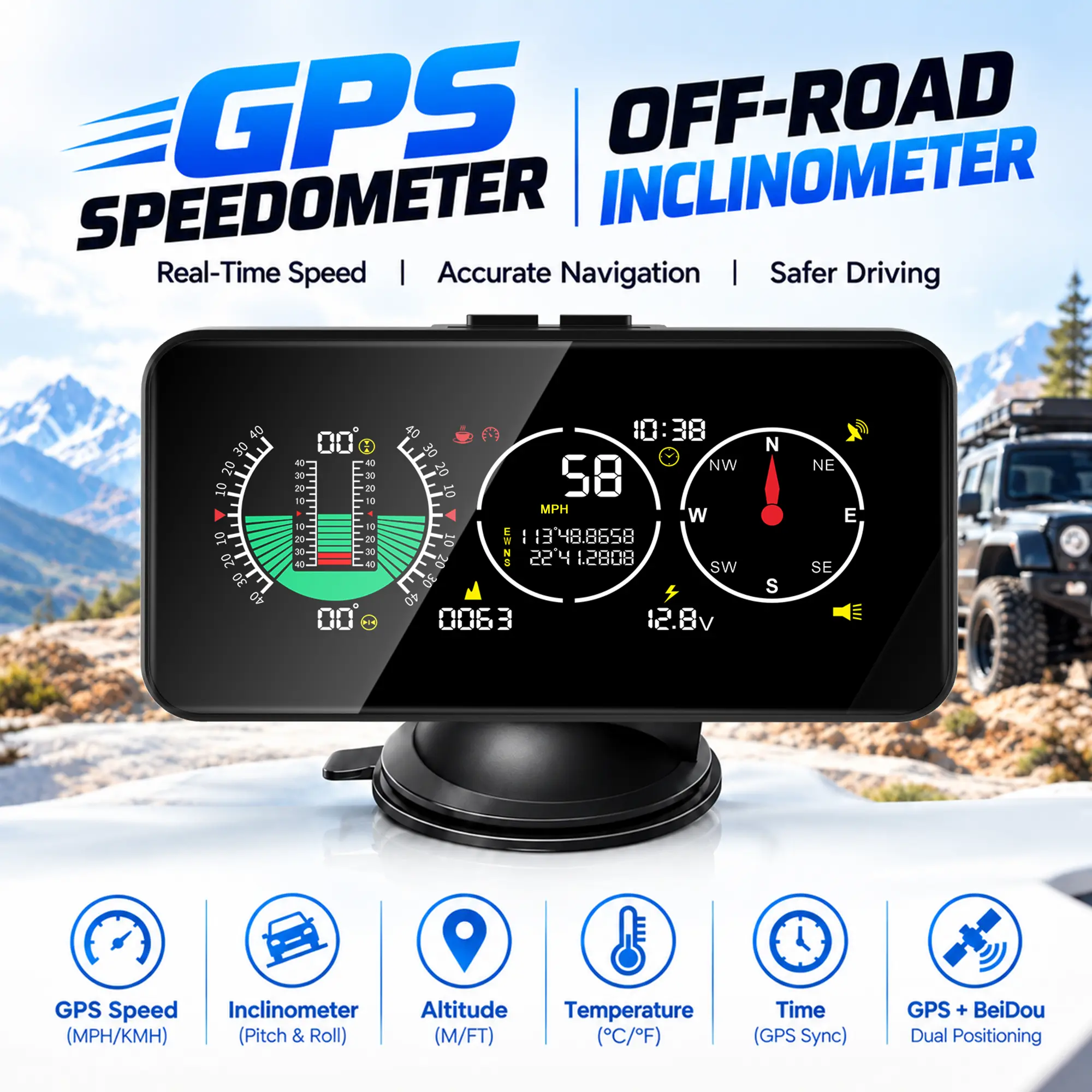 GPS Speedometer Inclinometer for Cars with Tilt Angle Compass Altitude Overspeed Alarm Fatigue Alert Clear LCD Display for Off Road Driving