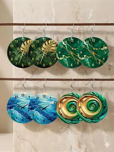 Women's Fashion Round Pendant Earrings Set, Creative Clock Dial & Plant Ocean Landscape Print Acrylic Earrings, Daily Party Wear, Unique Design Earrings