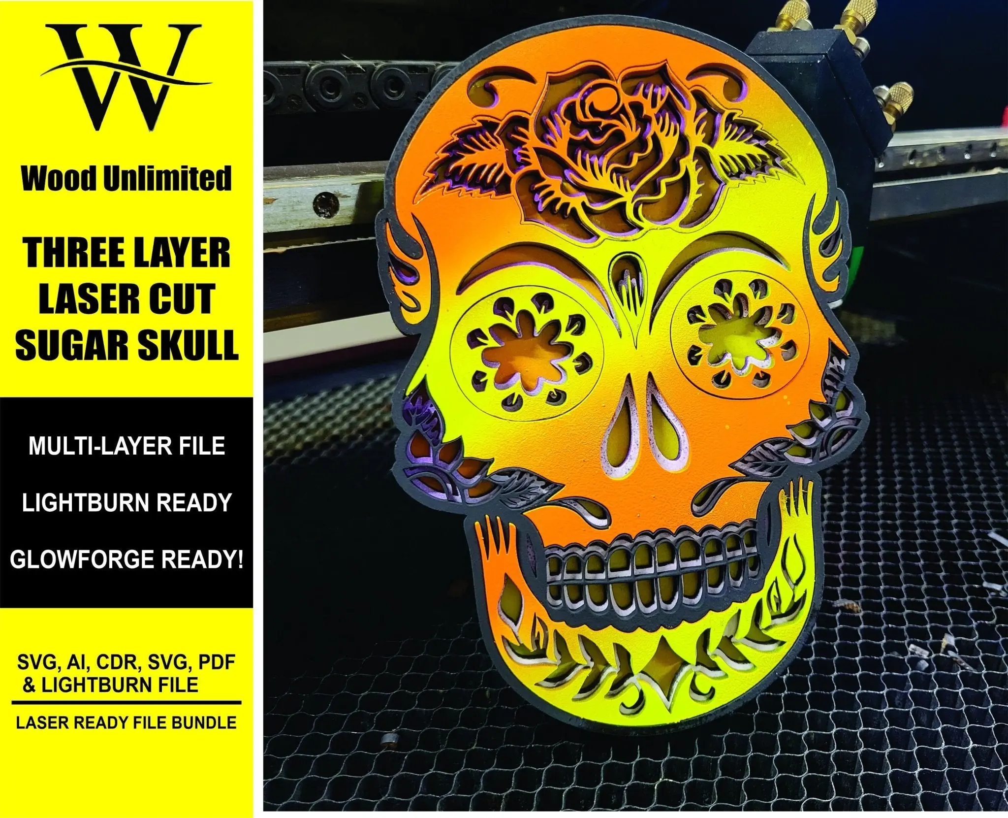 Laser Cut Sugar Skull, Multi-Layer Digital File Bundle for Laser Cutters, Glowforge Ready, Lightburn File, SVG, AI, Laser Cut Halloween