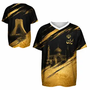 Iran National Team Black & Gold Brush Print V-Neck Soccer Jersey | Graphic Football Shirt for Match Days & Supporters