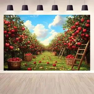 1pc Photography Backdrop, Autumn Bliss Apple Orchard Backdrop - Vibrant Red Apples, Lush Green Grass, And Serene Meadow Scene - Perfect for Fall, Harvest, Thanksgiving, And Outdoor Photography S