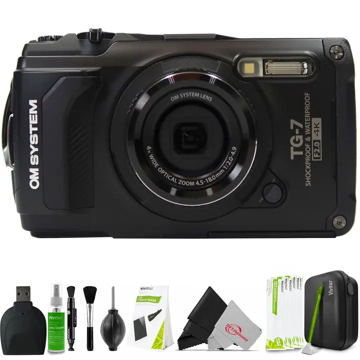 OM SYSTEM Tough TG-7 Digital Camera (Black)  + Memory Card Reader + Professional Cleaning Kit