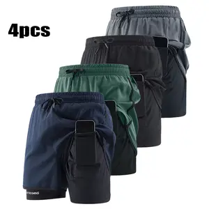 4-pack men’s quick-dry sports shorts for summer, faux two-piece 2-in-1 design with built-in lining—fitness training, running, tennis shorts—suitable for everyday cycling and jogging.
