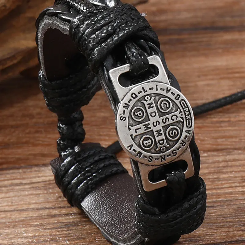 Leather Braided Set, Vintage Bohemian Hand Chain Jewelry with Religious Medal & Adjustable Knot Design for Men's Daily & Streetwear, Boho Style Bracelet, Bohemian Bracelets, Religious Jewelry Gift