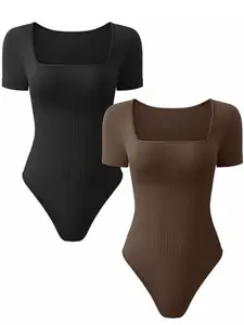 Women's Solid Square Neck Shortsleeve Skinny Bodysuit, Slim Casual Basic Minimalist Style One-piece Outfit for Fall, Comfortable Onesies, Lady Comfort Clothes, Womenswear, Y2K Baddie 2000s, Aesthetic Bodysuits Women