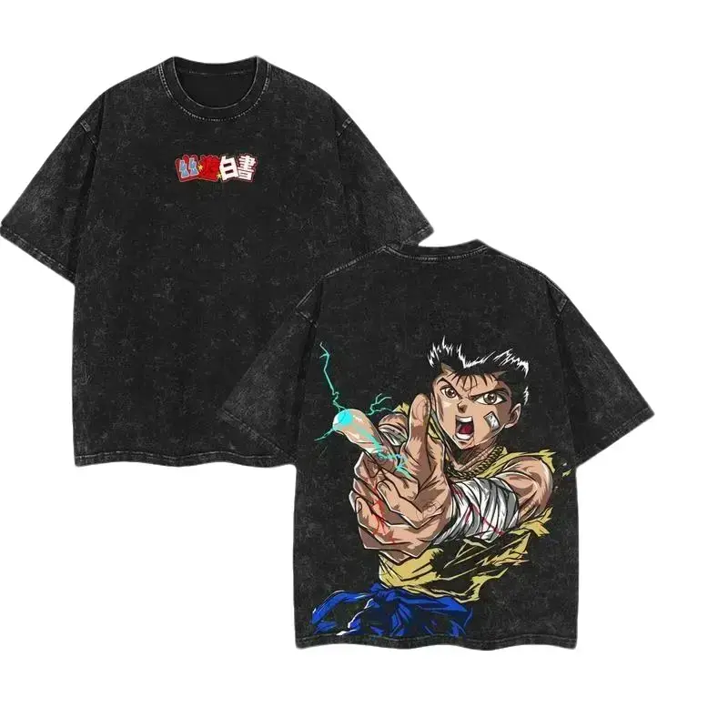 Men's Yusuke Urameshi Yu Yu Hakusho Anime Head Graphic Short-Sleeve Tshirt - Unisex Oversized Round Neck, Ribbed Soft Vintage Washed Heavyweight Cotton, Seamless Double-Printed Anime Manga Apparel, Anime Head Graphic Men's Short-Sleeve T-Shirts