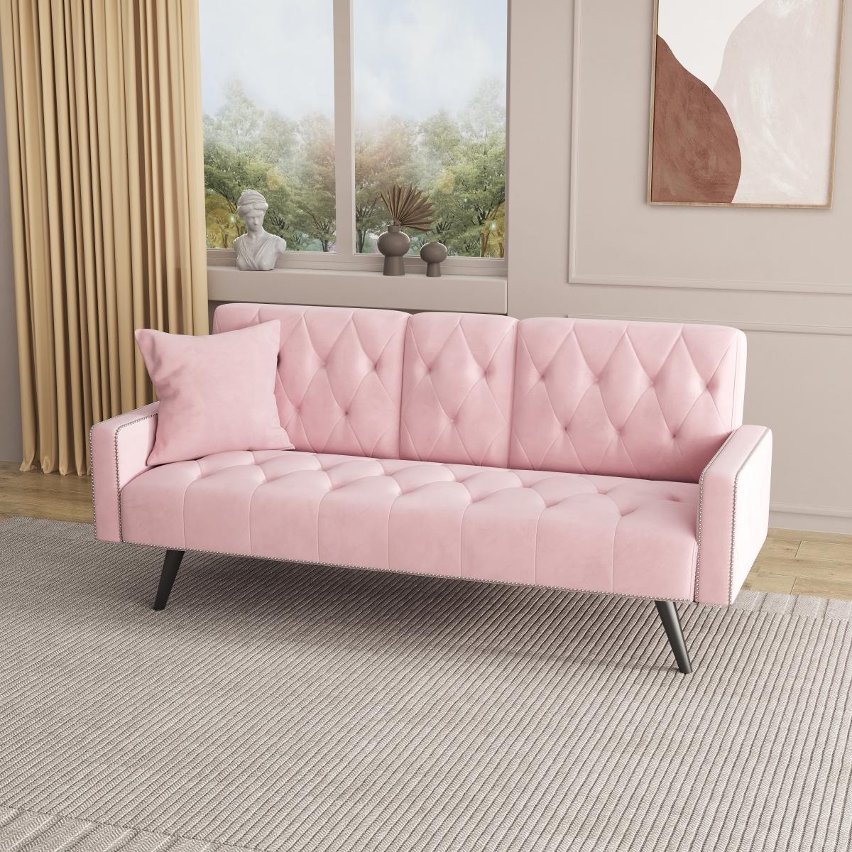 1730 Sofa Bed Armrest with Nail Head Trim with Two Cup Holders 72" Pink Velvet Sofa for Small Spaces 1730 Sofa Bed Armrest with Nail Head Trim with Two Cup Holders 72" Pink Velvet Sofa for Small Spaces